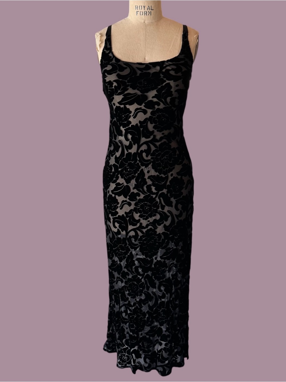 Vintage 90s Nordstrom Black Silk Velvet Burnout Lingerie Maxi Slip Dress